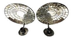 L308 Pair 19th century hanging tin wall sconces with round mirrored backs and fluted edge drip cups. Nicely rolled edges with secure solder joints. Measurements: Mirrored area measures 7 &frac34;� diameter. Overall height is 8 &frac34;� tall and the outer front edge of the drip cup extends 5� from the wall when hanging. 