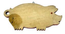 L187 Early 20th century Pig Cutting Board with original dry red painted edges and eyes. Both sides show wear from years of use. Found in Pennsylvania. Early iron eye hook remains intact on top for hanging / display purposes. Measurements:  14 &frac12;� long x 7 1/8 tall x &frac34;� thick 