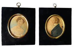 L28 Exceptionally detailed hand painted pair of miniature framed watercolor Portraits featuring a very distinguished, well-dressed man with glasses and a lovely curly-haired lady wearing a beautifully adorned bodice with several strands of beads and delicate earrings. Circa early 1800s. Measurements: 4 &frac12;� wide x 5� tall. Oval portrait area is 2 &frac34;� wide x 3 &frac14;� tall.  