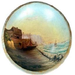 L2 New England Folk Art painted and dated wooden bowl with scene depicting a house on a cliff with boats on the beach and in the water close by hand painted inside. Dated �1884� on the lower left side of the scene. Thick, sturdy wooden bowl. Measurements: 13 &frac12;� x 14 &frac12;� diameter (out of round) x 3 &frac12;� deep.   