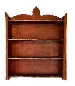 L96 Unique 19th century hanging wall shelves with shaped sides and shaped cutout on back retaining the original red painted surface. Unusual gold gild molded insert edges adorn the shelf fronts and each front corner. Small wire nail construction. The woods are pine and poplar. Circa 1870-1900. Measurements: 26� wide x 6 3/8� deep x 33 &frac12;� tall (back center). 