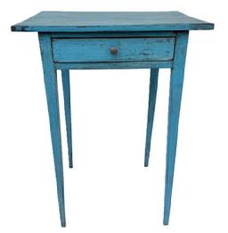 **SOLD** L476 19th Century Pennsylvania Hepplewhite one drawer stand featuring delicately tapered legs retaining its blue over the original blue painted surface. The drawer is dovetailed front and back. The wood is cherry with square head nail construction. Circa 1840s.  Measurements: 21� wide x 16 &frac14;� deep x 27 &frac12;� tall.