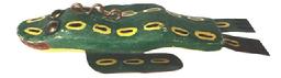 M16A Hand carved Folk Art Frog shaped fish decoy from Michigan featuring large tack eyes, carved mouth, tin legs and original painted surface with imbedded lead weight on the underbelly. Signed with initials �DP� on bottom. Approximate measurements: ~7 &frac34;� long x ~3 &frac34;� wide x ~ 1 &frac14;� tall. 