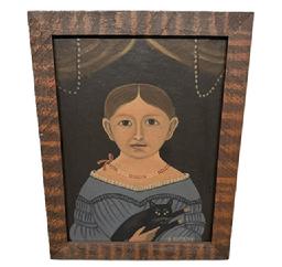 M187 Mid-20th century Folk Art painting of young girl in blue dress with beaded necklace, holding a black cat. Signed by artist �A Glazier� in lower right corner. Oil on artist board, displayed in a handmade, painted and decorated wooden frame. Arthur Glazier (1928-2015) was from East Berlin, Pennsylvania. Framed Measurements: 14 &frac12;� wide x &frac34;� thick x 18 &frac12;� tall.  