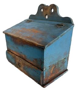 RM1632 Early 19th century Pennsylvania blue painted wall box with decoratively cut out back, hinged lid and drawer with divided interior below. Dovetailed case and drawer with rounded front and mortised, divided interior. Small square head nail construction. Circa 1800-1820. Measurements: 12 &frac34;� wide x 7 &frac14;� deep x 7 &frac12;� tall (front) x 12 &frac34;� tall (back). 