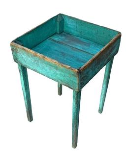 **SOLD** M144 Late 19th century plant stand bearing original blue painted surface featuring an open well area resting on tall, tapered legs. Measurements: 17 &frac14;� square x 26� tall. The interior of the well is 4 &frac14;� deep. 