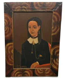 M188 Arthur E. Glazier (East Berlin, Pennsylvania, 1928-2015) Folk Art oil painting on artist�s board depicting a portrait of a woman with dark hair in long spiral curls sitting in a red chair. This painting showcases the jewelry being worn by the lady - with special details to the collar, broach, long chain and watch and drop earring. Framed in a handmade, paint decorated wooden frame that is 3 &frac12;�-3 &frac34;� wide. Painting is prominently signed �A.U.A. A. Glazier� in the lower left corner. Framed measurements: 22 &frac34;� wide x 30 &frac12;� tall.  