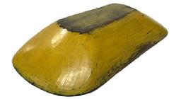 **SOLD** M213 Early 19th century oval Trencher bearing gorgeous mustard painted exterior and a wonderful interior with patina showing evidence of significant chop and tool marks from years of use. Circa 1830�s � 1840�s. Hand hewn from a single board � with visible carve markings on the exterior surface. Great wear and patina. Hole in one end for hanging purposes. Measurements: 20 &frac14;� long x 10 &frac12;�- 10 &frac34;� wide x 3 &frac12;�- 5� tall (depending on where measured). 