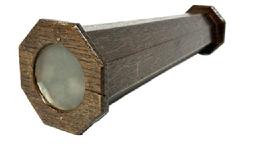 M243 Octagon shaped handmade wooden Kaleidoscope. Constructed of oak wood with a dark finish and tiny wire nails encasing bright glass pieces. Unsigned. Early 20th century. Measurements: 2 3/8� across top x 3 &frac14;� across bottom x 10 1/8� tall. 
