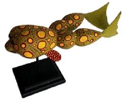 M291 Folk Art Carved Frog Decoy carved by Ryan Dockiewicz (b.1974) of Cape Charles, Virginia. Signed and dated �09 on bottom. This talented Virginia carver is known for utilizing his imagination to create Folk Art fish and decoy carvings featuring oversized eyes and brightly colored paint patterns. Mounted on a wooden stand for display purposes. Frog measures ~10 &frac14;� long x ~2 &frac34;� wide. Overall mounted height is ~5 &frac12;� tall.