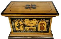 M294 20th century Folk Art lidded document box � signed and dated �Charlotte Doyon 1991� on bottom. Great original artwork hand painted on all sides and top of lid. The words �LOVE� and �This heart of mine, shall be thine� painted among the detailed artwork on the front panel. All wooden with removeable lid in vibrant colors including black, green, red, and salmon on a mustard background. Overall measurements: 15� wide x 10� deep x 9� tall.  