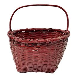 M306 19th century Pennsylvania gathering basket in early old lipstick red paint. Single wrapped, double rim with tightly woven sides. Steamed and bent, notched handle is woven into the sides. Evidence of very early home / "make-do" repairs on the basket's bottom appears to have been for reinforcement purposes. Basket has losses but is sturdy and displays great!  The 12 &frac12;� x 13 &frac12;� diameter opening tapers down to a 7 &frac12;� square base. Sides are 7 &frac12;� tall. Overall height at handle is 13� tall.  