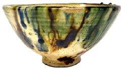 CM8 Spectacular tri-color thick glazed redware bowl on footed base featuring brown, blue and green on an ivory-color background. Measurements: 8� top diameter x 3� diameter footed base x 4 &frac14;� tall. 
