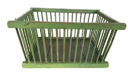 Z444 Late 19th century Produce Crib bearing its original apple green painted surface. Sturdy wooden basket made from dowels and a wooden bottom � with spaces between the dowels for ventilation. Small wire nail construction. The top measures 19 &frac34;� wide x 14 &frac34;� deep. Bottom measures 17 &frac12;� wide x 13� deep. Overall height is 10� tall. 