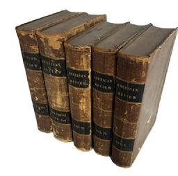 M284B Leather bound books � Volumes I, II, III, IV and V. � �The American Review: A Whig Journal of Politics, Literature, Art and Science�. �To Stand by the Constitution�. New-York: George H. Colton, 118 Nassau Street (Circa 1847, 1846, 1846, 1848, 1848.) Volumes I & II measure 9 &frac12;� tall x 6 &frac14;� wide, whereas Volumes III, IV & V measure 9� tall x 6� wide. 