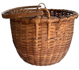 **SOLD** M59 Identified, very well constructed, 19th century round woven splint oak swing handle basket with original surface, bearing a thick, sturdy hand-carved steamed and bent swing handle that branded on the top with the initials �E.D.�. Single wrapped, double wooden rim. Deeply bumped-up interior for appropriate weight distribution of contents.