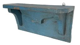 **SOLD** RM1633 Mid-19th century Eastern Shore, Maryland original blue painted Wall Shelf. Classic lines with nice, applied decorative cutout underneath the center of top and cut front corners. Very sturdy. The wood is yellow pine. Square head nail construction. Circa 1850s. Measurements: 17 1/8� wide x 6� deep x 8 &frac12;� tall. The shelf support boards are 1 1/8� thick.