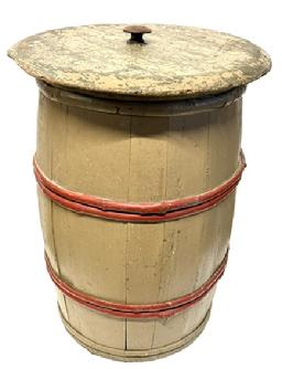 **SOLD** M174 Late 19th century Pennsylvania Country Store Wooden Barrel with Lid bearing original taupe color painted surface and clean, natural patina interior � signed on bottom. The staved wooden sides are held in place with hand-hewn, steamed and bentwood bands that are attached with square head nails and small wire nails. Signed on bottom. Circa 1890s to 1900.