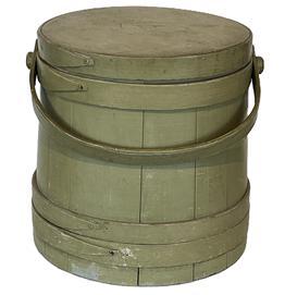 C380 19th century green painted Wooden Firkin, tongue and groove softwood staved sides, tapered lap joint wood bands with small tacks, bent wood handle attachments. The green paint is over the original gray.  Measurements are: 11� diameter top x 12� tall.  