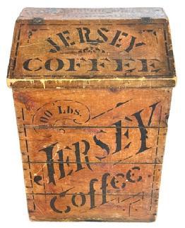L292 Late 19th century original pumpkin painted wooden country store Coffee Bin advertising �100 pounds Jersey Coffee� stenciled in black on the front, and �G. Seymour Ind� signed on the back. Hinged slant front lid on top bears �Jersey Coffee� and �Dayton Spice Mills  Dayton O.� in black with black pin striping. Applied molding surrounds the lid. Clean, natural patina interior. Circa 1885 � 1890�s. (NOTE: �Jersey Coffee� was a specialty brand of the Dayton Spice Mills Company, established in 1885.) The wood is pine. Measurements: 22 &frac14;� wide x 17� deep x 31 &frac34;� tall (back) x 27 &frac12;� tall (front).