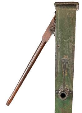 L228 19th Century Pennsylvania wooden hand pump retaining the original green and red paint with pin striping and paint decoration in red, mustard and black. The stenciled letters in mustard paint beneath the handle read: �NOT GUARANTEED IF VENT IS PLUGGED�.  The pump is in outstanding condition and measures 70 &frac12;� tall with cap and is 5 &frac12;� square. The cap is 6 &frac12;� x 7�. It is 12 &frac12;� deep at the spout. 
