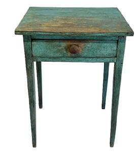 M325 19th Century Pennsylvania Hepplewhite one drawer stand featuring tall, delicately tapered legs retaining its old robin egg blue painted surface. The drawer is dovetailed front and back. Square head nail construction. Circa 1840s. Measurements: 21 5/8� wide x 18 &frac34;� deep x 29 5/8� tall.