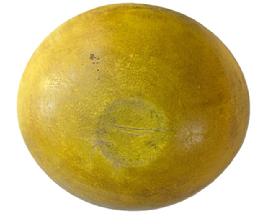 L32A Early 19th century wooden bowl bearing its beautiful yellow painted surface with great wear and natural patina interior. Bowl is out of round at 17 &frac12;� x 15 &frac34;� diameter with 5 3/8� tall sides.  
