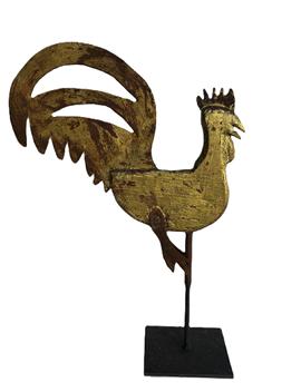 **SOLD** M115 Late 20th century American Folk Art hand carved and painted Rooster Weathervane. Pine wood and early tin construction bearing its original gold over red painted surface. Carved by Folk Artist, Steve Hazlett. Mounted on a metal base for display purposes. Measurements: Base is 6� x 5 &frac14;�. Rooster measures 14 &frac12;� deep x ~3/4� thick. Overall mounted height is 20 &frac34;� tall. 