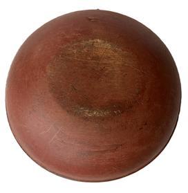 **SOLD** K1858 Early 19th century wooden bowl bearing dry, bittersweet red paint. Nice hand / slow turned lathe marks visible throughout - with a carved band around top edge. Great natural patina interior with visible chop marks and wear indicative of years of use. Out of round. The make-do hanger is constructed from an old piece of heavy wire. Measurements: 16 &frac14;� x 16 &frac12;� diameter. The sides are 4 &frac12;�- 4 &frac34;� tall � depending on where measured. 