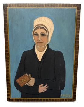 M192 Folk Art painting by Arthur E. Glazier (East Berlin, Pennsylvania, 1928-2015). Oil painting on a reclaimed wooden bread board depicting a Lady wearing a bonnet and dark clothing � holding a book in her left hand. The border is painted to appear as if it bears a paint-decorated frame. Artist�s signature - A. Glazier - signature in the bottom right corner.  Measurements: 17 &frac34;� wide x &frac34;� thick x 24� tall. 