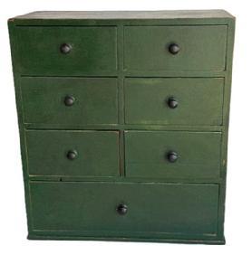 L371 18th century Pennsylvania seven (7) drawer apothecary beautiful old green painted surface with all the original knobs. Dovetailed case and drawers with the stretchers being dovetailed into the sides and mortised through the top. The wood is pine. Circa 1790-1810. Measurements: 18� wide x 9� deep x 20 &frac14;� tall. 