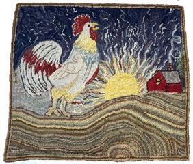 M323 Excellent early 20th century Hand-hooked Rug from Maine depicting a Rooster crowing at the rising morning sun with a house in the distance with smoke from a cozy morning fire escaping the chimney. Vivid colors of various wool fabrics are very tightly hooked on old burlap. The maker�s creative placement of colors adds a feeling of depth to the overall scene. A border of multiple rows of browns creates the appearance of a frame to this unique rug. Not mounted. Measurements:40 &frac12;� wide x 36 &frac12;� tall.