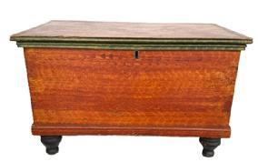 SB25 Exceptional mid-19th century Lancaster County, Pennsylvania miniature paint decorated blanket chest retaining its original overall mottled and stripe mustard paint decorated surface with applied original green painted molding around the lid. Six board, finely dovetailed construction with square head nails securing the bottom. Molded edges surround the top and bottom, as well as along the edge of the lidded til inside. Clean, natural patina interior. The wood is pine with applied turned walnut feet. Original hardware, including lock and key. Circa 1840s � 1860s. Measurements: 18� wide x 11� deep x 11 &frac14;� tall.