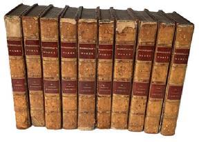 K1836 Complete 10 Volume Set of leather-bound books with marbled edge pages entitled � �The Works of William Robertson, D.D.� printed in 1821 � which is prefixed with �An Account of his Life and Writings� by Dugald Stewart, F.R.S. EDIN.  Each book measures 5 &frac12;� wide x 8 &frac12;� tall. 