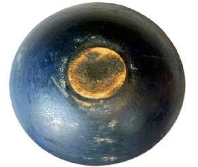 L141 Spectacular 19th century New England soldier blue over original blue painted wooden bowl boasting a crisp lipped rim tapering downward to rest on an ever so slightly raised foot.  The natural patina interior shows typical minor abrasions and chop marks from years of use. Slightly out of round.   Measurements: 12 &frac34;� x 12� diameter (out of round). 2 &frac34;� � 3� tall, depending on where measured.   Footed area measures: 4� x 3 &frac12;�.