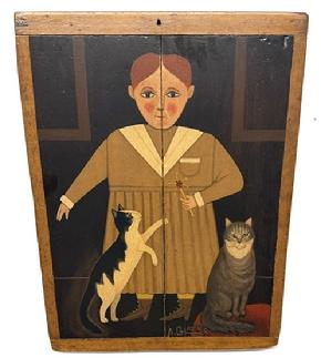 M190 Folk Art painting by Arthur E. Glazier (East Berlin, Pennsylvania, 1928-2015). Oil painting on a reclaimed wooden breadboard depicting a young girl in a striped mustard dress with 2 cats - a black and white one and a grey tabby. Artist�s signature � �A. Glazier� - along the bottom.  Measurements: 17 &frac14;� wide x &frac34;� thick x 23� tall. 
