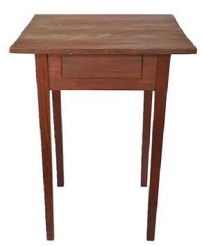 R423 Mid-19th century North Carolina Hepplewhite one-drawer stand with dry red wash. All southern heart pine, mortised and pegged, two board top, held in place with square head nails. Drawer is nailed construction and never had a knob. From a private collection in Hillsboro, North Carolina. Circa 1850. All original.   Measurements are 22 &frac14;� wide x 21 &frac14;� deep x 30 &frac14;� tall