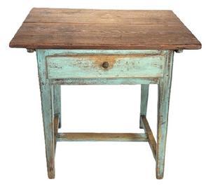 L377 Late 18th century Eastern Shore, Maryland one drawer pin-top stretcher base Worktable with early blue painted base and scrubbed top. The legs and stretcher base are fully mortised and wooden pegged construction. Beaded edges adorn the corners of each leg. The drawer and the drawer stretcher are dovetailed. The removeable two board top has dovetailed stretchers and is secured to the base with four long wooden pins. The wood is yellow pine. Circa 1790-1800. Measurements: 28 &frac12;� wide x 23� deep x 27 &frac12;� tall.  
