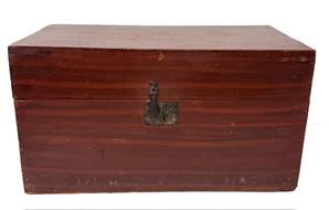 M276 19th century Pennsylvania original red and black painted and decorated box with hinged lid and clean, natural patina interior featuring a dust molding edge. Box retains what appears to be the original lock and hinges. Measurements: 28 &frac14;� wide x 15� deep x 14 &frac14;� tall. 