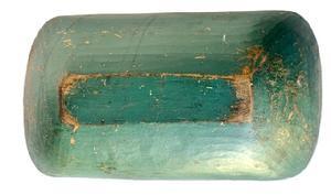 L503 19th Century New England Trencher with original green paint. Wonderful hand-hewn surface. The inside of the trencher bears natural patina surface with evidence of chop marks and a hole in one end for hanging purposes. Trencher is hewn from one solid piece of wood. Measurements: 17 &frac34;� long x 9 &frac34;� wide x 3 &frac12;� deep.  