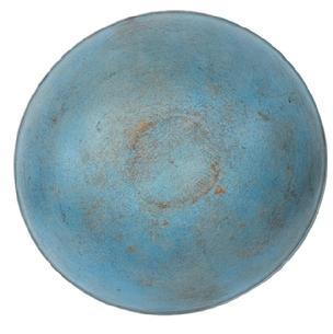 L32 Early 19th century wooden bowl bearing its beautiful original light blue painted surface. Nice hand / slow turned lathe marks visible throughout with a carved lipped band around top edge and great natural patina interior. Bowl is out of round at 16 12� x 17 &frac14;� diameter with 4 &frac34;� � 5 &frac14;� tall sides, depending on where measured. 