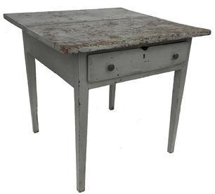 Q594 19th century Virginia Work table with the original pewter gray paint, and a dovetailed drawer,two board top, all yellow pine, Augusta Co Virginia circa 1840 Measurements are : 28" wide x 26 3/4" deep x 26" tall