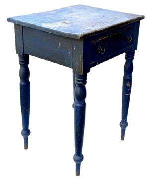 M150 Early 19th century Lancaster County, Pennsylvania one drawer turned leg side table with original blue painted surface and gracefully turned Sheraton style legs. The drawer is dovetailed front and back. The apron is mortised into the legs. Circa 1850s. Measurements: 21 &frac14;� wide x 17" deep x 29" tall.  