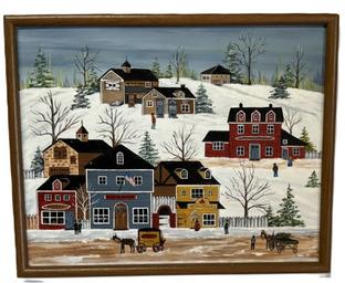 M218 Hand painted and meticulously detailed Folk Art Winter Landscape Painting featuring a group of three shops advertising - �Meats�, �Post Office� with US Flag, and �Millinary�, along with a horse-drawn wagon advertising �Fruit� in foreground. Oil on Artist�s board. Signed by artist - �MONCRIEF� in lower left corner. Handwritten note on back reads �From Bill & Chris Moncrief Dec 2000.� Framed measurements: 21� wide x 17� tall.  