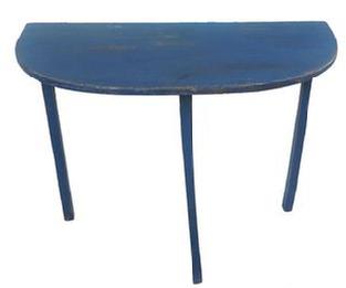 A5 Mid 19th century hepplewhite Lancaster co. Pennsylvania Demi Lune Table with original blue paint. Simple form with a T-shaped base. The center support is mortised into the apron. The wood is pine. Square head nail construction.  Measurements: 35" wide x 16 1/4" deep x 28 3/4" tall