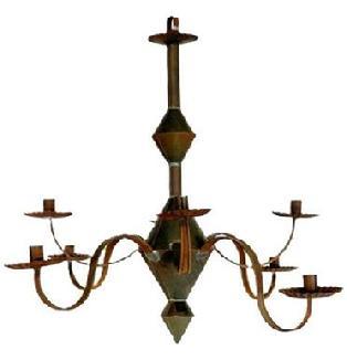 F153 Pennsylvania handmade tin Chandelier with eight arms and is not electrified. Crimped edged drip pans and nicely rolled edges and secure solder joints throughout. Measurements are: 29 &frac12;� diameter x 26" tall 