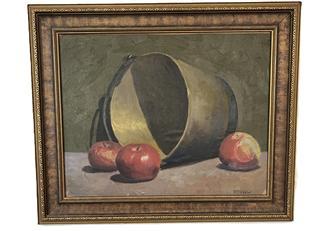 K1744 Framed still life painting depicting a brass bucket on its side surrounded with three red apples. Oil on artist�s board. Signed �R.S. Wehler� in lower right corner. Also � handwritten on back �R. S. Wehler � York PA�.  Label from framer - �Kauffman�s Art Shop � York PA� remains intact. Framed measurements: 18 5/8� wide x 15 &frac12;� tall.  