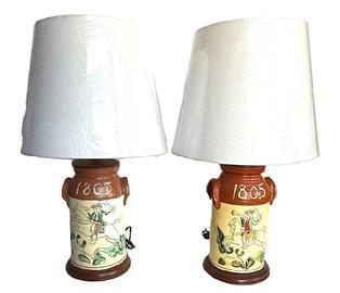 L450 Pair of Lt. Moses Willard stoneware table lamps with designs from 1805 plates by Potter Artist John Neis (1785-1867) featuring an Officer and horse during a charge in battle. Original plates can be viewed at the American Folk Art Museum in New York. One lamp was made by Cathy Gatch and dated 1990, the other lamp was done by Chris Woods and dated 1994. Each lamp is constructed of very heavy stoneware and has a wooden cap and wooden base. (Shades and finials are included with sale.) The base portion of one lamp measures 11 &frac12;� tall, while the other measures 11 &frac34;� tall. 