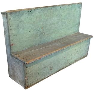 **SOLD** M78 Early 19th century Pennsylvania Country Store display shelf bearing its original dry, blue painted surface. Pine with square head nail construction. Distinct pith saw marks on back. Measurements: 44� wide x 13� deep x 27� tall. The depth of the shelf area is 9� deep.  