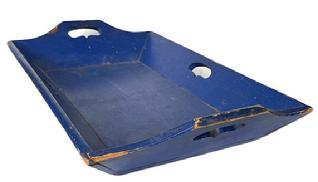 **SOLD** L400 19th century wooden Apple Tray with the old blue paint. It is well-crafted with beautiful form featuring canted sides and cut-out handles on all four sides. It is in tight and sturdy condition.  Circa 1850. Measurements: 22� wide x 14� deep x 2 &frac12;� tall sides x 3 &frac34;� tall at end handles. 
